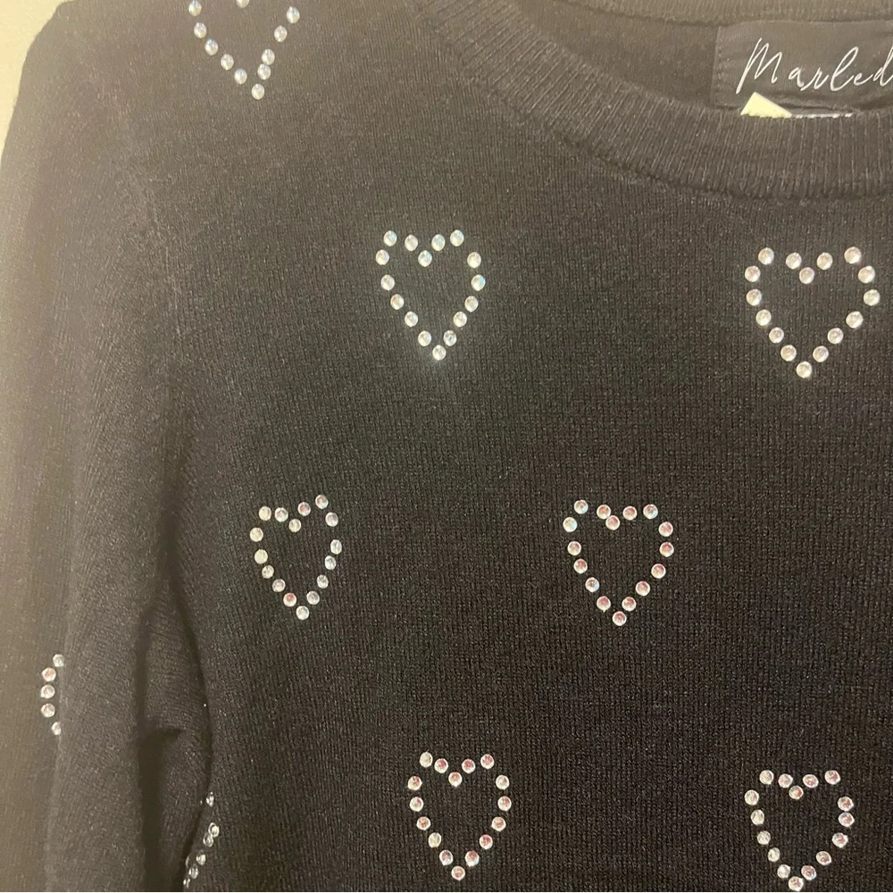 Marled Black Crew Neck Sweater Heart Rhinestones Size XSmall NWT - Picture 3 of 9